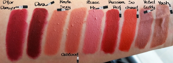 MAC matte lipsticks κραγιόν Swatches, d for danger diva kinda sexy oxblood please me russian red so chaud velvet teddy Yash