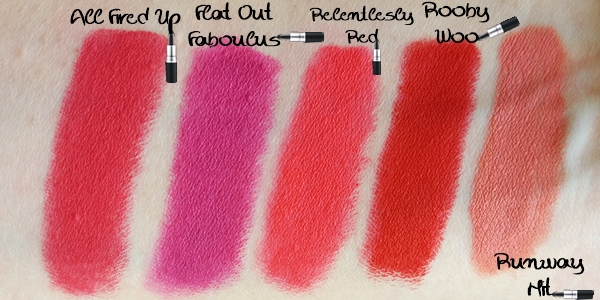 MAC κραγιόν - MAC lipstick Swatches all fired up flat out faboulus relentlesly red rooby woo runway hit
